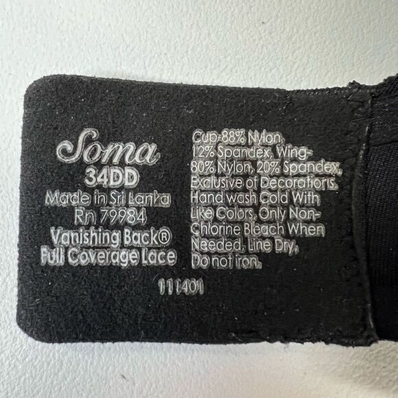 Soma Vanishing Back Full Coverage Black Lace Bra 34DD - Picture 4 of 4